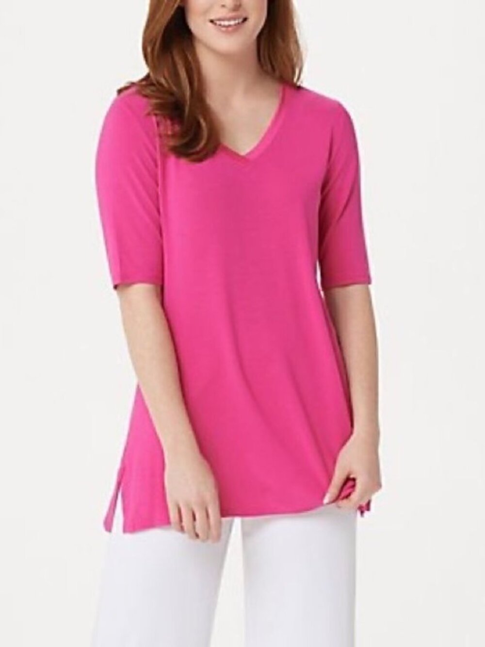 H by Halston Essentials Elbow-Sleeve V-Neck Tunic w/ Wide Side Slits